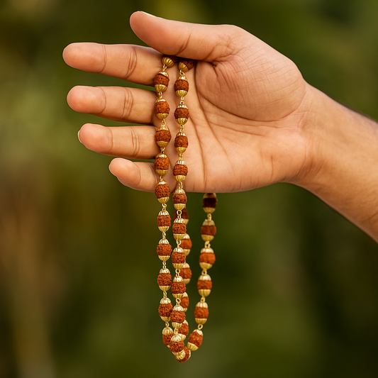 Premium Rudraksha Mala with Gold Polished Caps